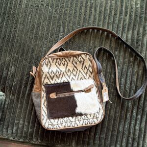Myra Bag Geometric Pattern Shoulder Bag with Cow Brown Black White